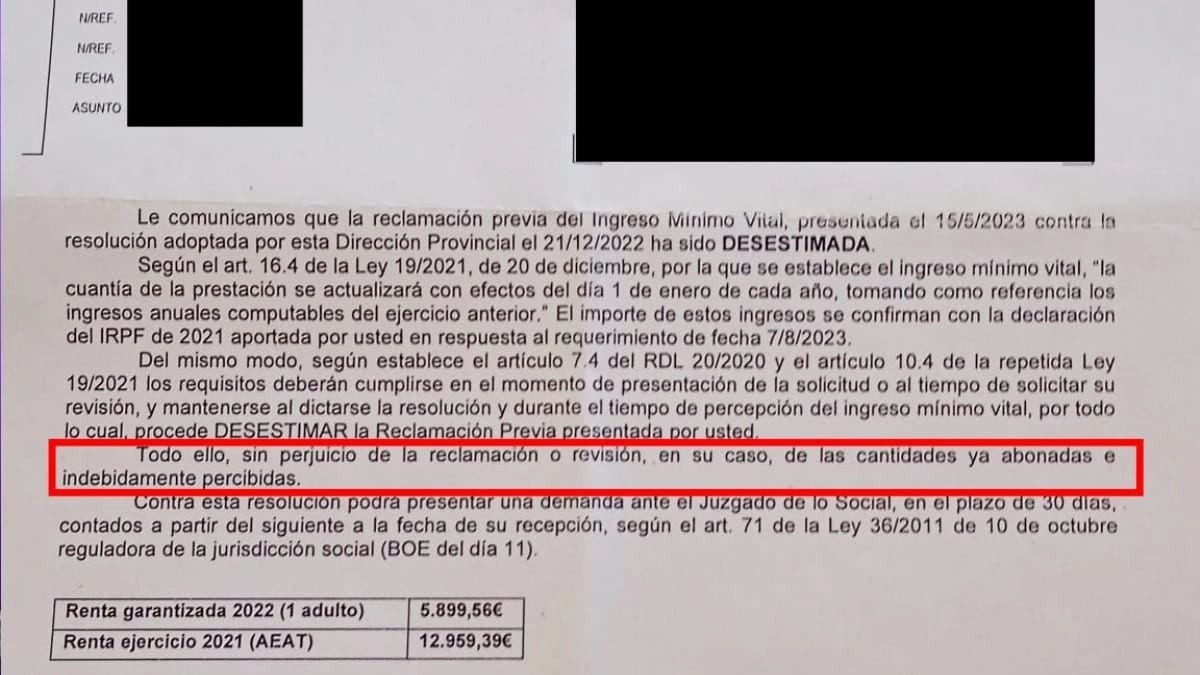 A woman must return 12,599 euros of the minimum vital income after it was verified that it exceeded the income limit