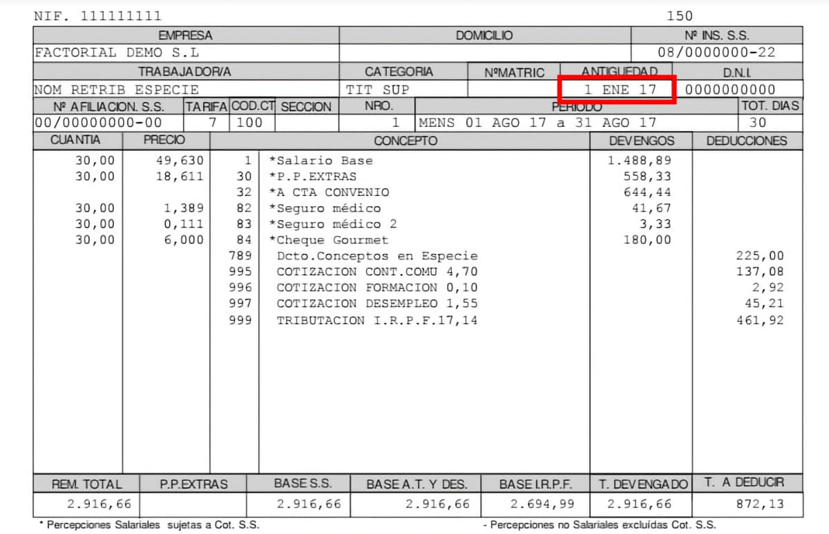 Payroll indicating antiquity in the company