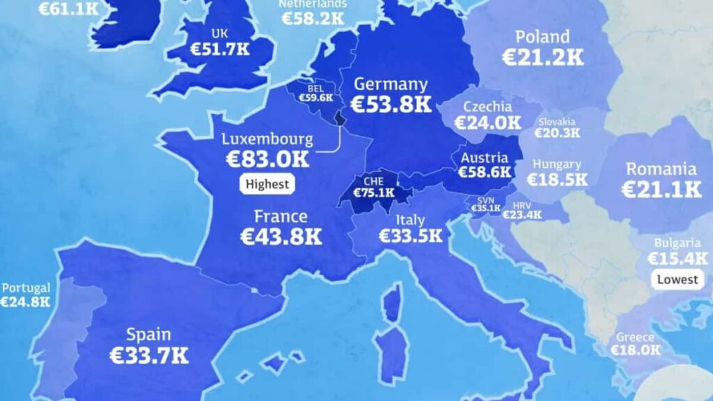 The map of salaries in Europe per hour in 2026 shows where Spain is located