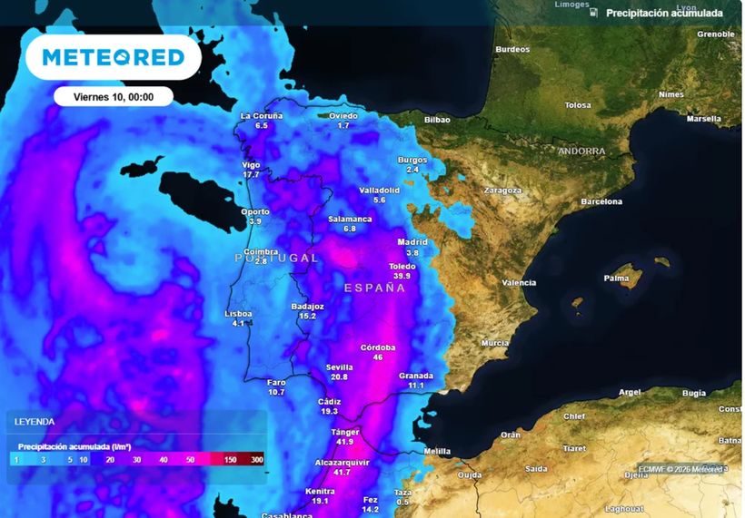 Screenshot of the Meteored forecast. The heaviest rainfall will be concentrated in parts of Andalusia and in the north of Cáceres.- METEORED.