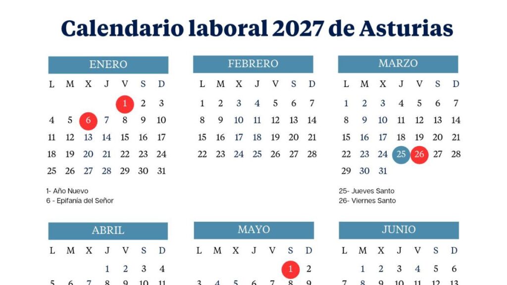 Asturias work calendar 2027: all long weekends and holidays