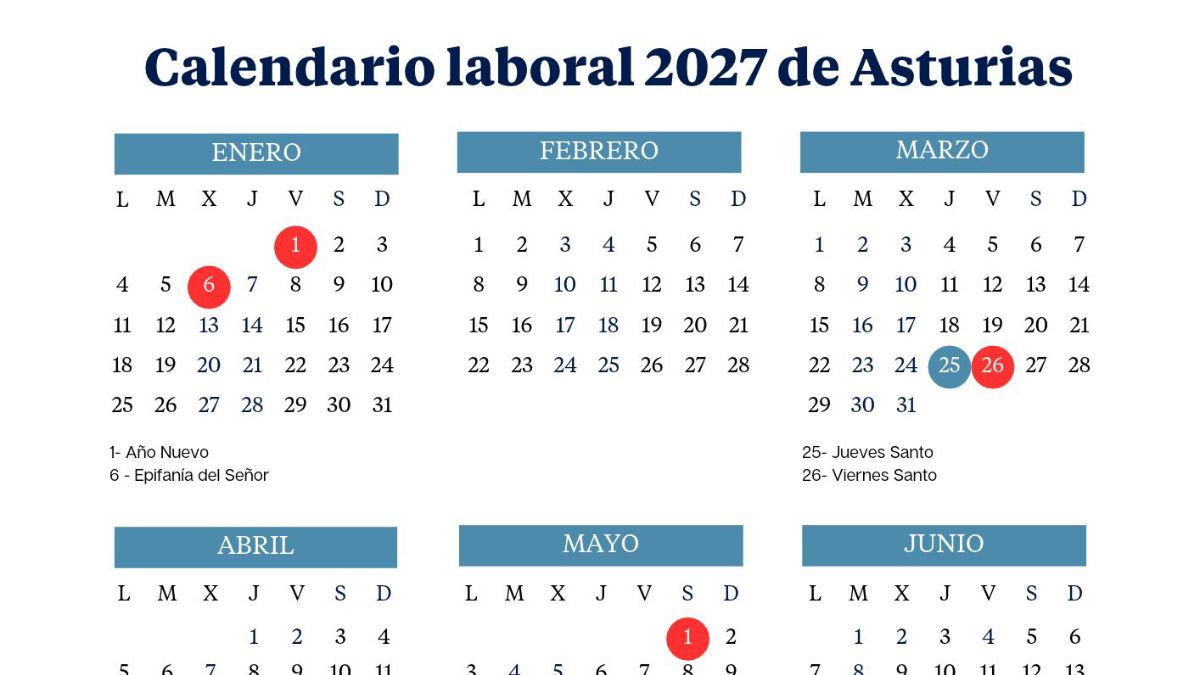 Asturias work calendar 2027: all long weekends and holidays