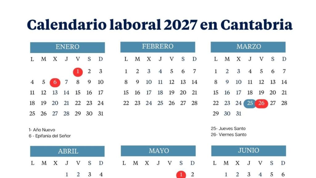 Cantabria work calendar 2027: long weekends and holidays