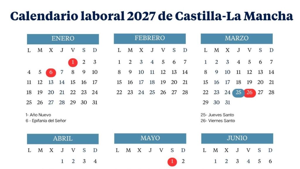 Castilla-La Mancha 2027 work calendar: long weekends and holidays