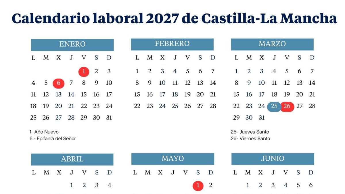 Castilla-La Mancha 2027 work calendar: long weekends and holidays