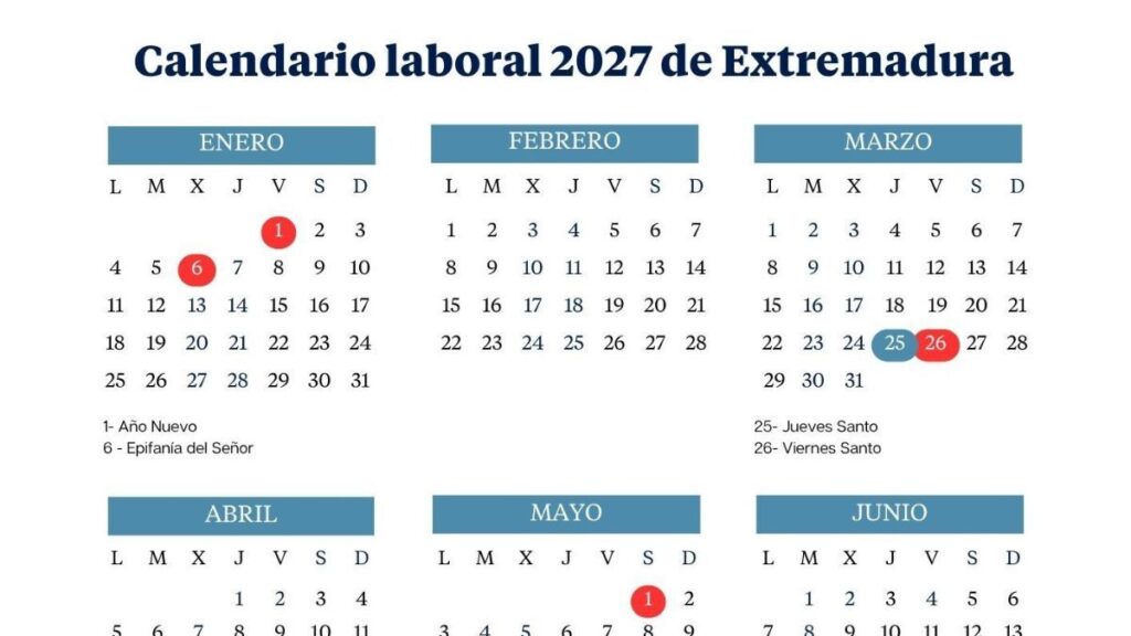 Extremadura work calendar 2027: long weekends and holidays