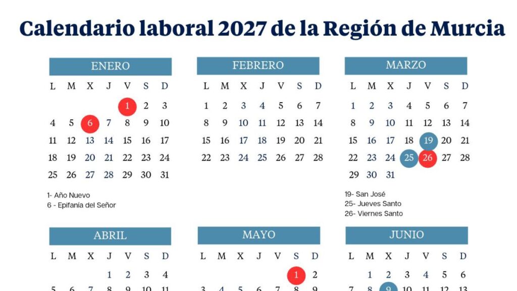 Murcia work calendar 2027: long weekends and holidays