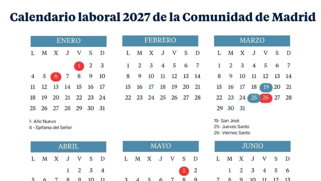 Work calendar of the Community of Madrid for 2027: long weekends and holidays